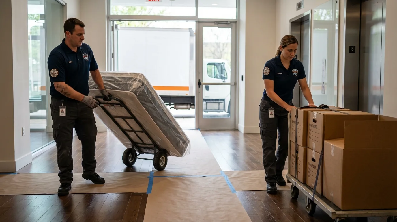 Professional apartment movers loading elevator in Bradenton, FL